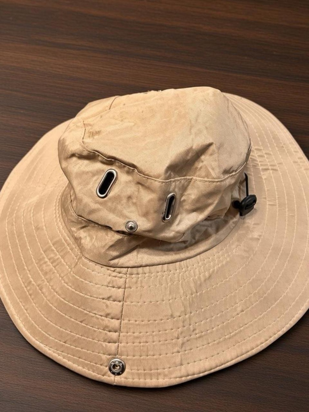Women’s Tan Wide-Brim Boonie Hat with Adjustable Chin Cord